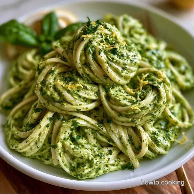 Twirled nests of pasta coated in a glossy green sauce, garnished with micro-greens on a slate grey platter.