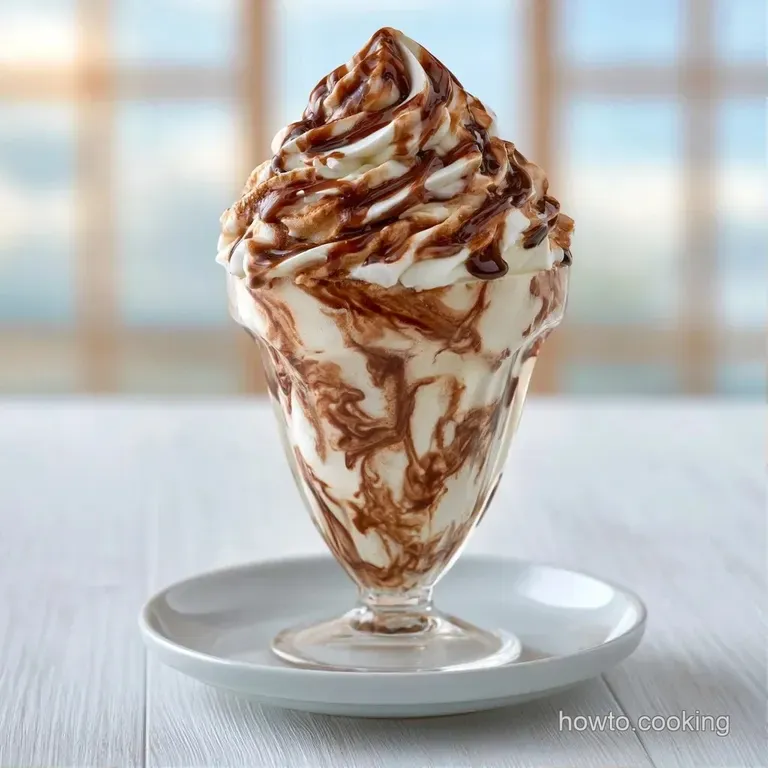 A tall chilled glass of frosty blended cream topped with a peak of whipped cream and a colorful striped straw.