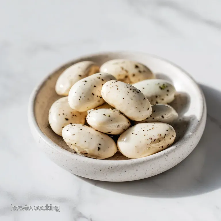 A white ceramic bowl of buttery beans topped with shaved parmesan and a sprig of thyme on a neutral linen tablecloth.