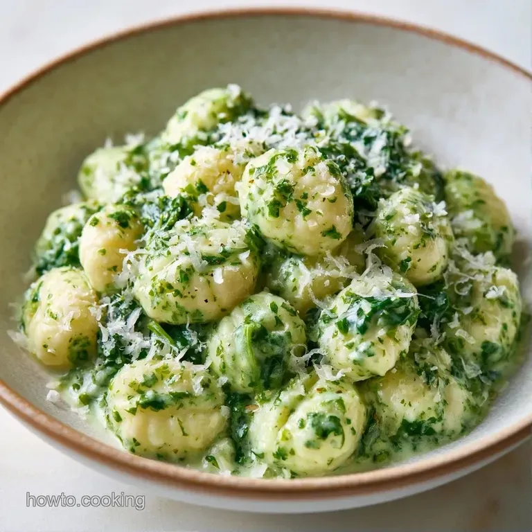 A white ceramic bowl filled with green pasta, topped with toasted pine nuts and a sprig of fresh basil leaves.