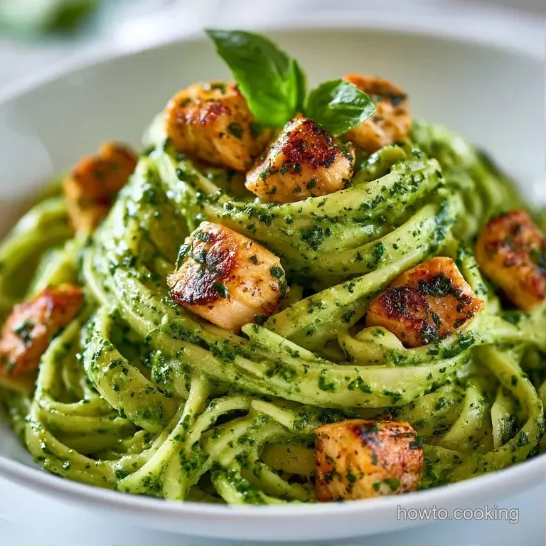 Al dente pasta coated in a bright green sauce, topped with seared chicken strips and shaved parmesan cheese.