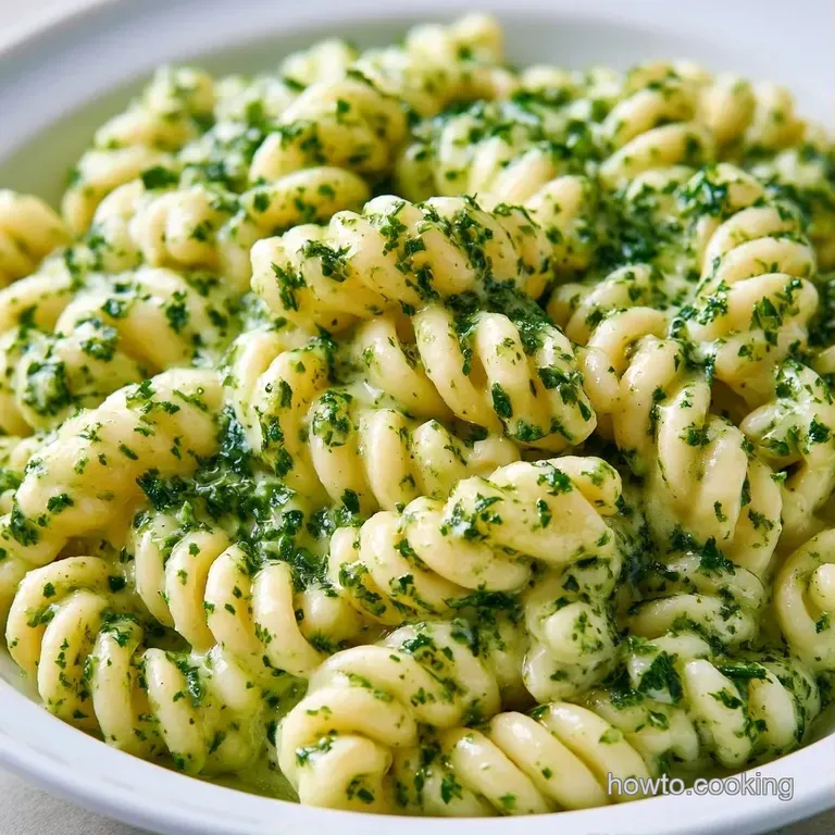 Vibrant green pasta swirled in a white ceramic bowl, garnished with toasted pine nuts and a sprig of fresh basil.
