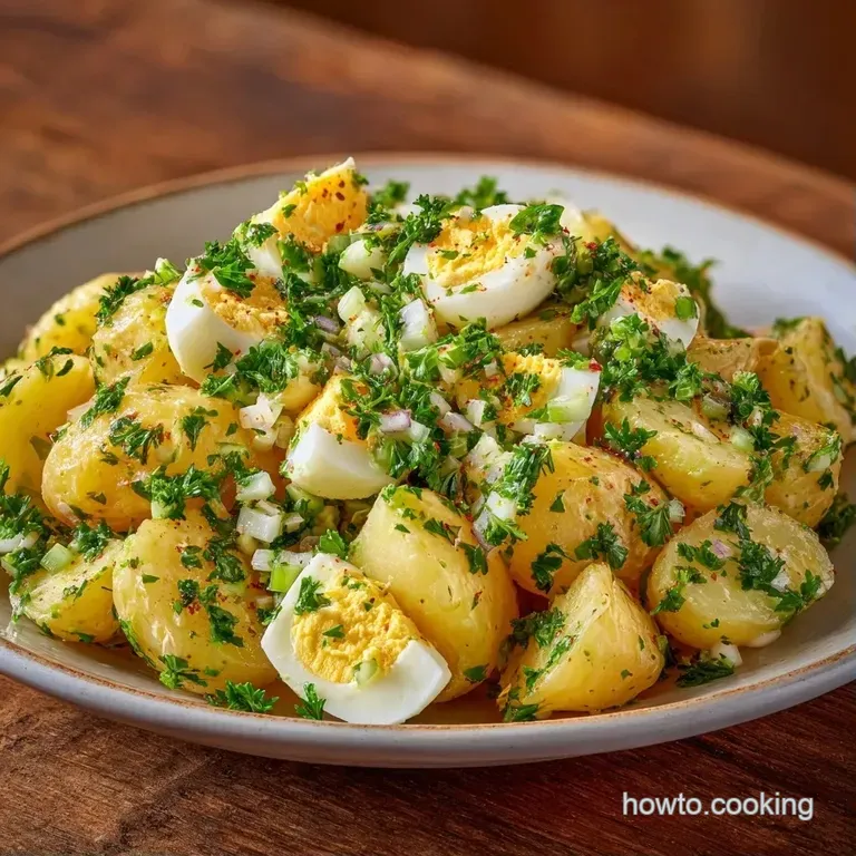 Elegantly scooped creamy potato salad topped with fresh chives on a minimalist white plate with a silver fork.