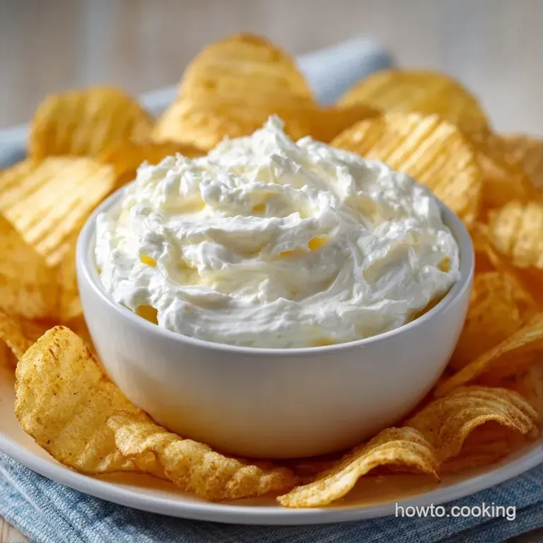 A white ceramic bowl of smooth, pale cream dip topped with chopped chives and golden, ridged potato chips nearby.