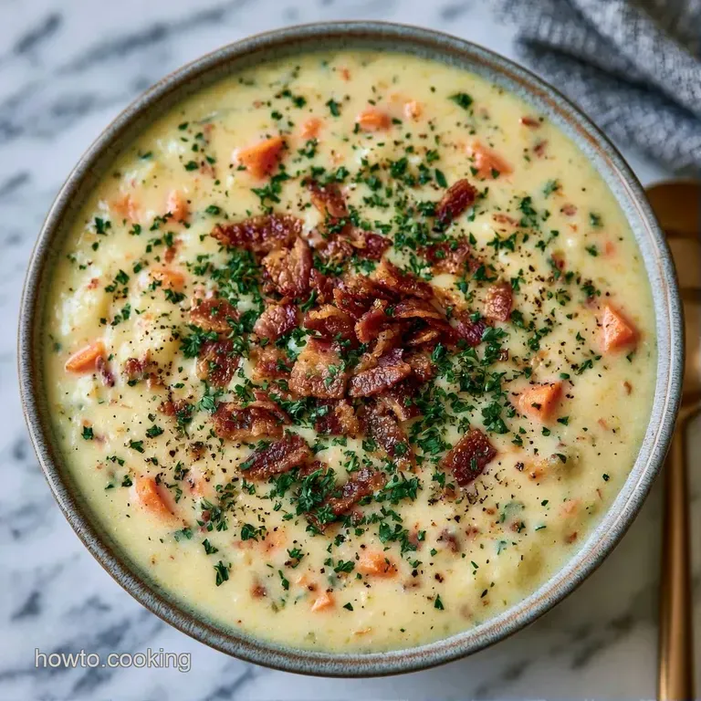 Elegant white bowl of thick white soup with a cream swirl, crisp brown bacon pieces, and a sprig of fresh parsley.