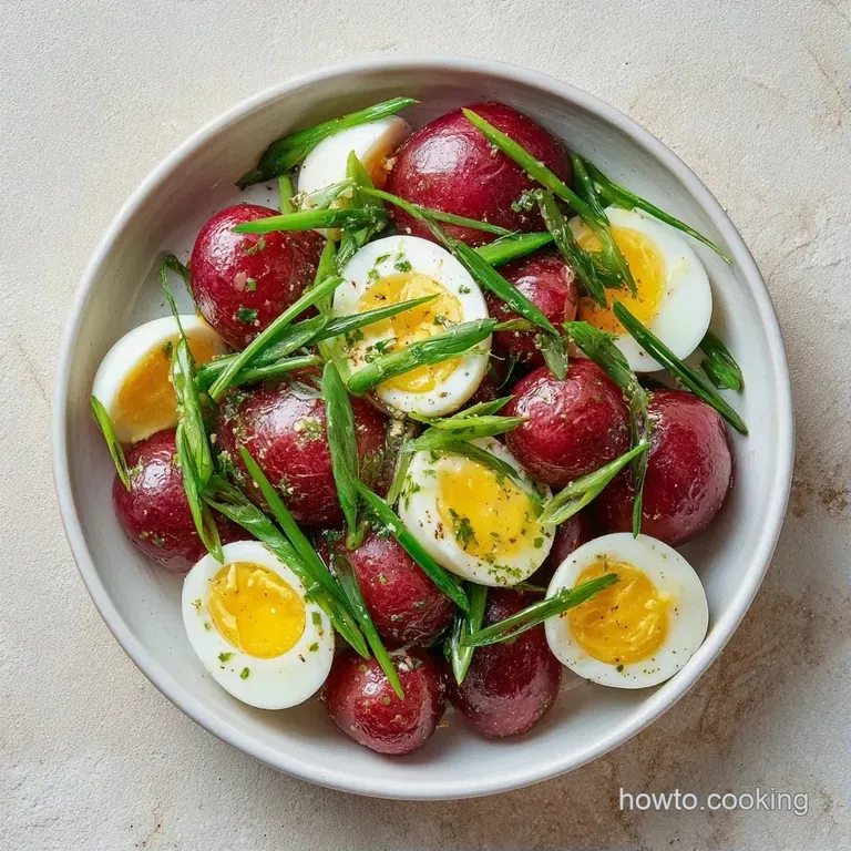 Chilled red potato chunks and sliced eggs in a white bowl, garnished with fresh green chives and cracked black pepper.