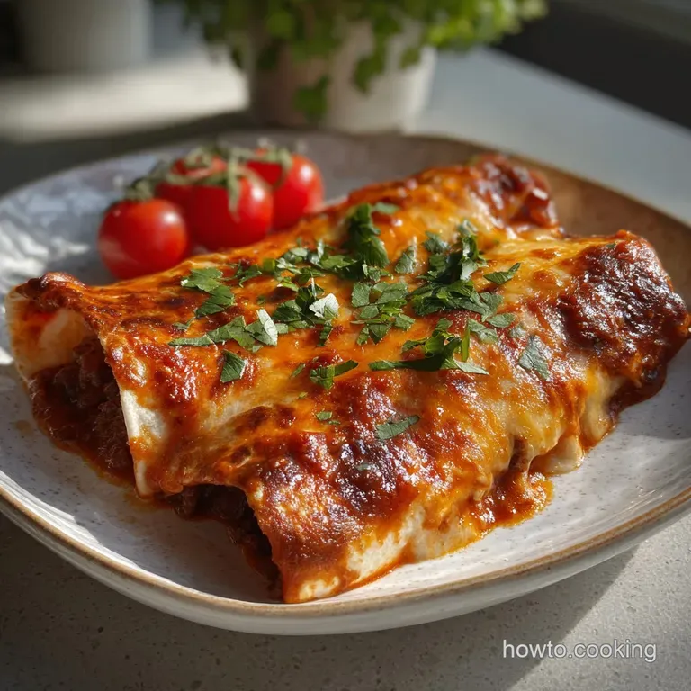 Elegant plate of enchiladas showcasing layers of vibrant red sauce, melted cheese, and fresh cilantro, with a side of crea...