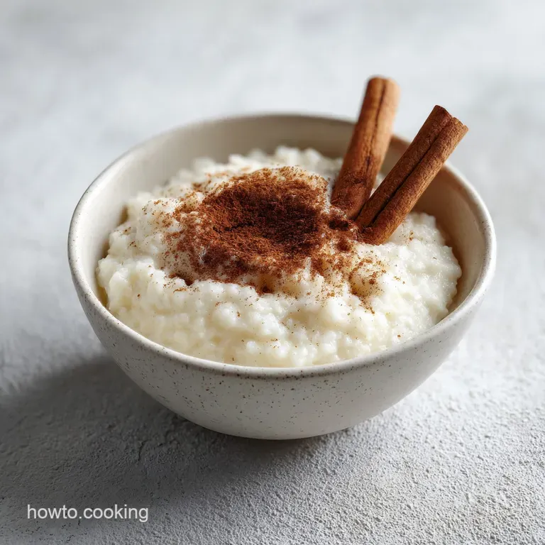 Elegant glass ramekin of creamy white rice pudding topped with a swirl of cinnamon and a fresh cinnamon stick.