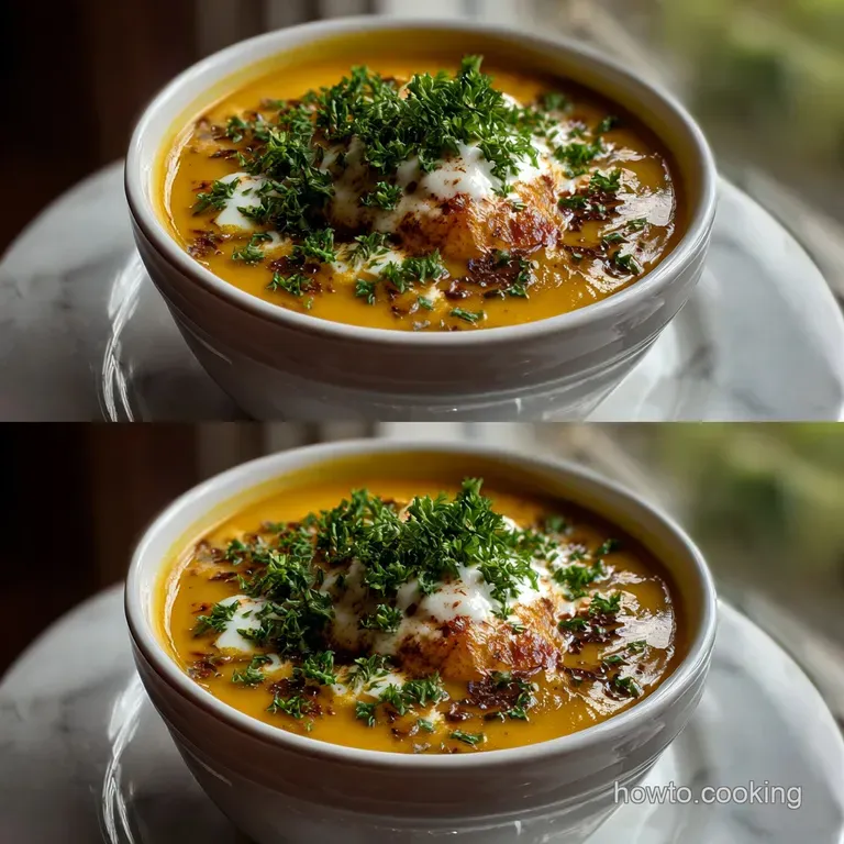 Creamy orange soup elegantly plated in a shallow bowl, accented with a swirl of creme fraiche and a scattering of chives, ...