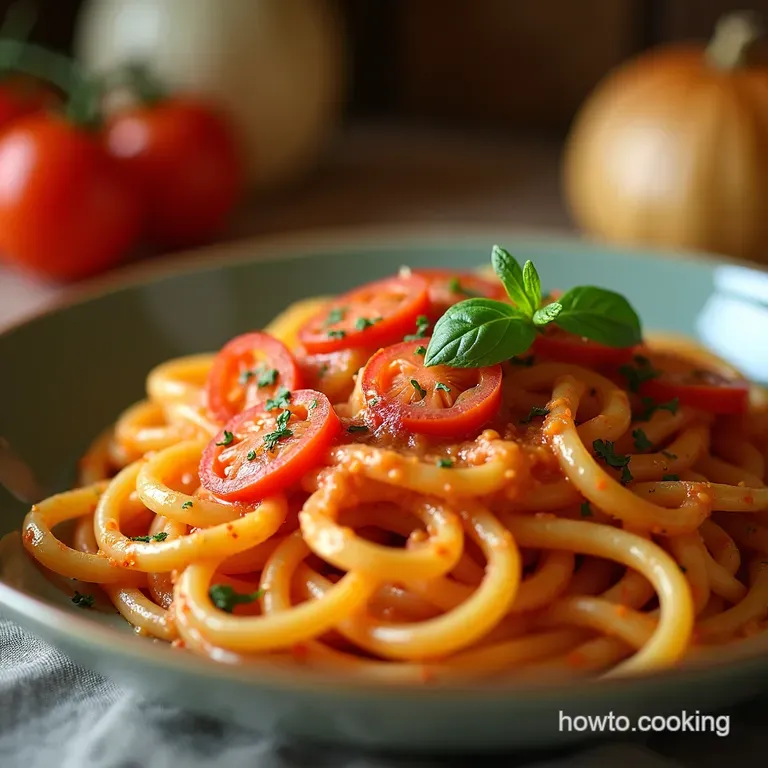 Creamy Tomato and Basil Pasta with Burrata presentation