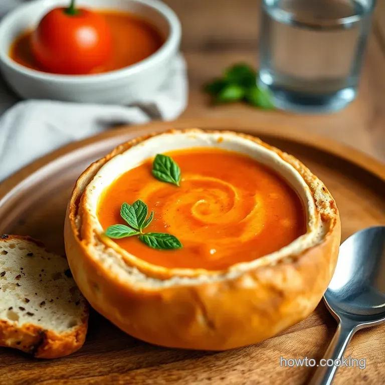 Creamy Tomato Soup in a Sourdough Bread Bowl presentation