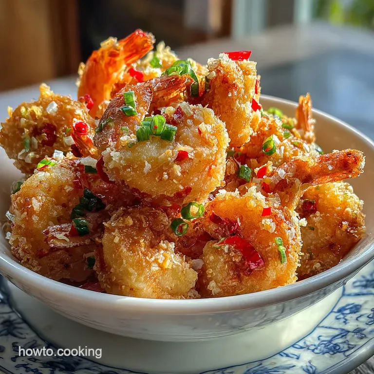A tower of glistening bang bang shrimp, drizzled with sauce and sprinkled with green onions, elegantly presented on a whit...