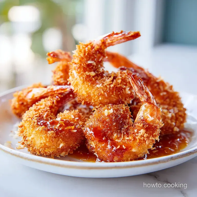 Tower of crispy coconut shrimp with delicate sauce, cilantro sprig, elegant plate; tempting, artful arrangement for fine d...