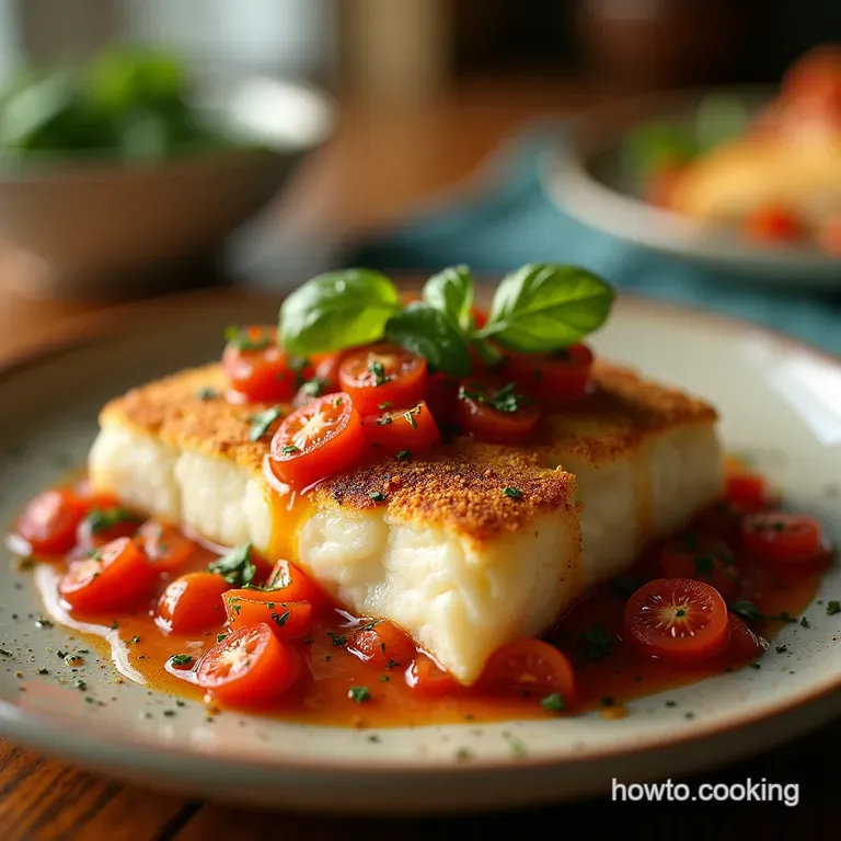 Sunshine on a Plate Crispyskinned Cod with Zesty Tomato Basil Reduction presentation