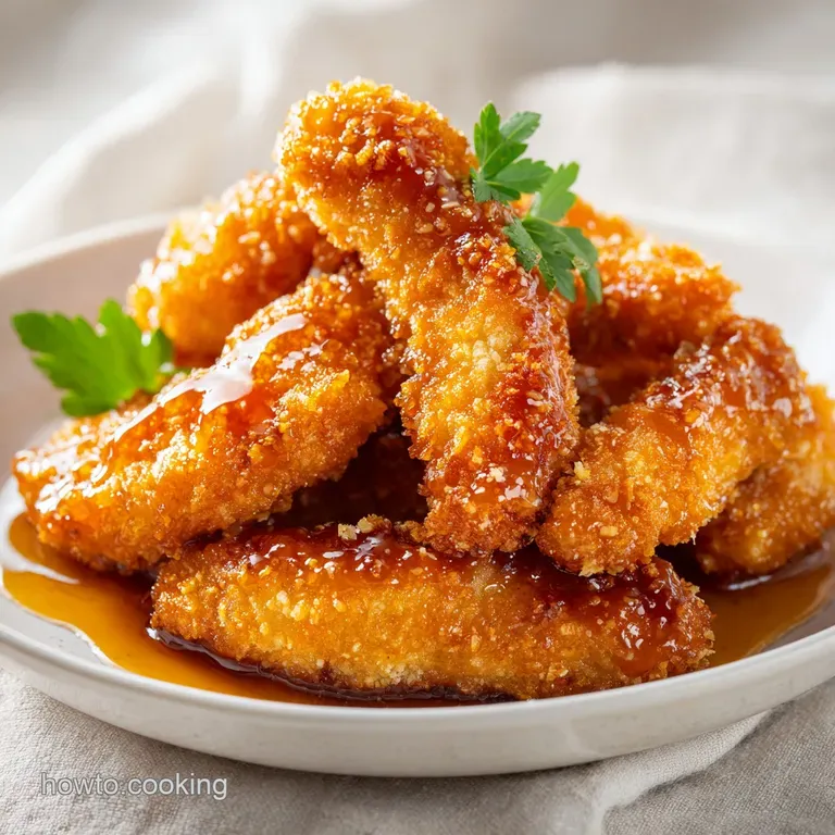Golden crispy chicken pieces drizzled with amber syrup, garnished with sliced green onions on a white ceramic plate.