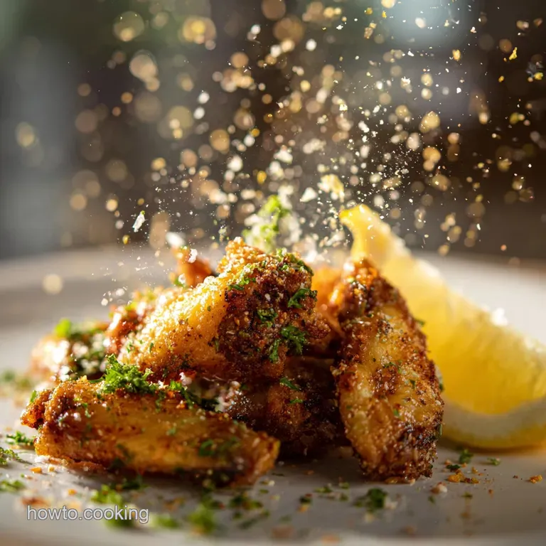 Lemon pepper wings artfully arranged on a plate, sprinkled with fresh herbs. A vibrant, zesty culinary creation.