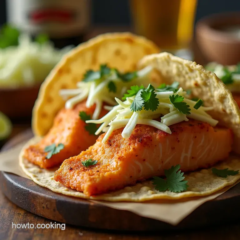 The Ultimate Crispy Beerbattered Salmon Tacos with Limecilantro Slaw presentation