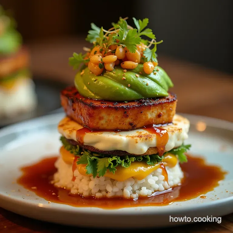 The Tower of Teriyaki Crispy Tofu Creamy Avocado and Sushi Rice Stacks presentation