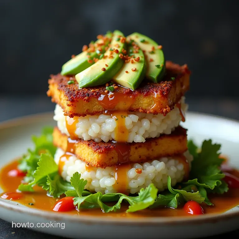 The Tower of Teriyaki Crispy Tofu Creamy Avocado and Sushi Rice Stacks