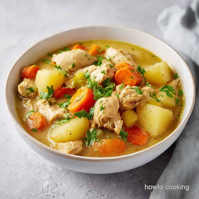 Plated chicken stew with fluffy biscuits and fresh parsley, creating a comforting and inviting meal.