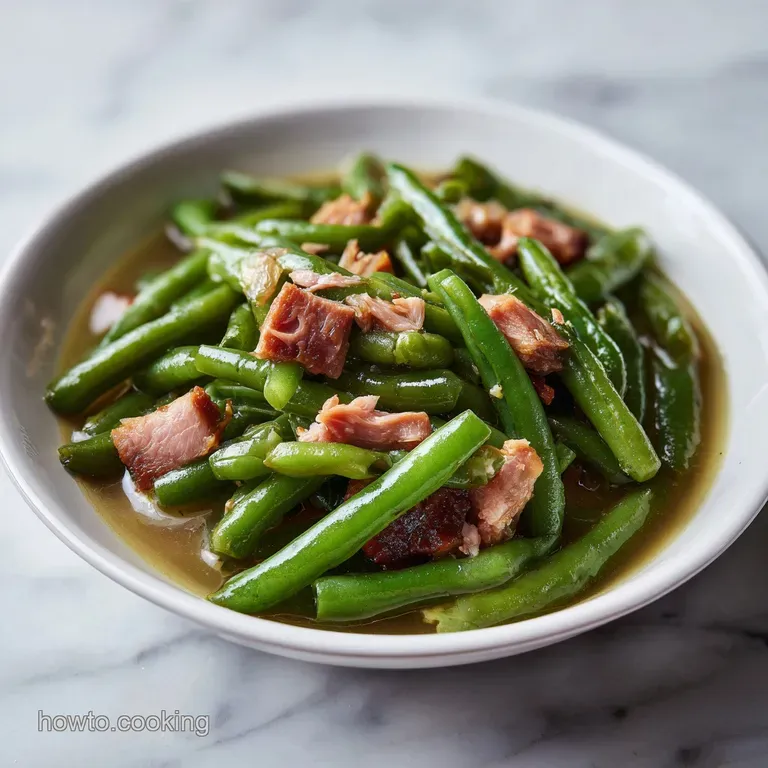 Vibrant green beans paired with a glazed ham hock on a crisp white plate, garnished with cracked black pepper.
