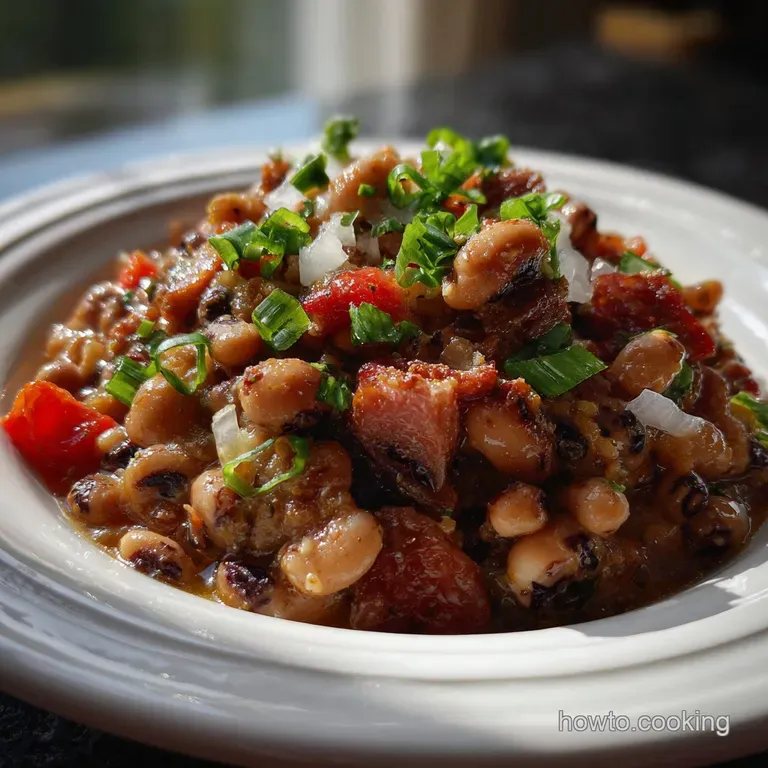 Creamy, steaming Hoppin' John served in a white bowl, garnished with a sprig of parsley and a swirl of olive oil; inviting.