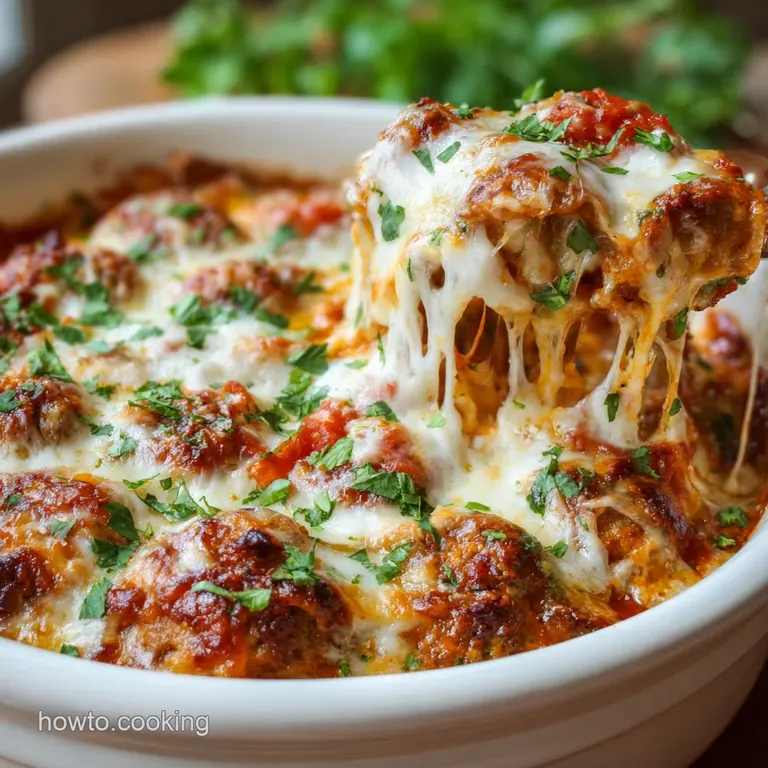 A single serving of pizza casserole, piled high with melted mozzarella, and colorful pizza toppings, sits in a white bowl.
