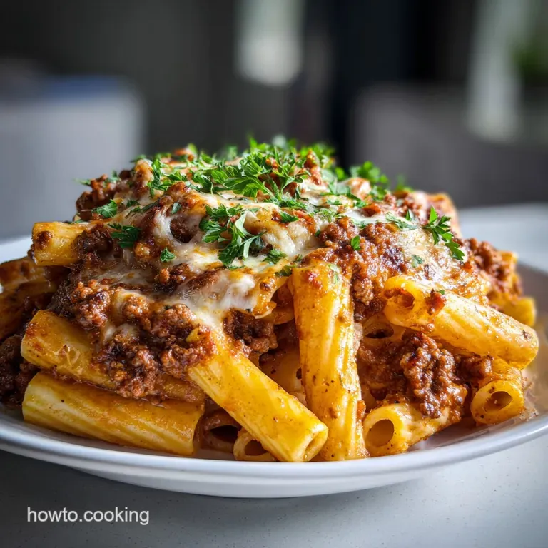 Single serving of cheesy baked ziti, steam rising, topped with fresh basil, elegantly plated on a white dish.