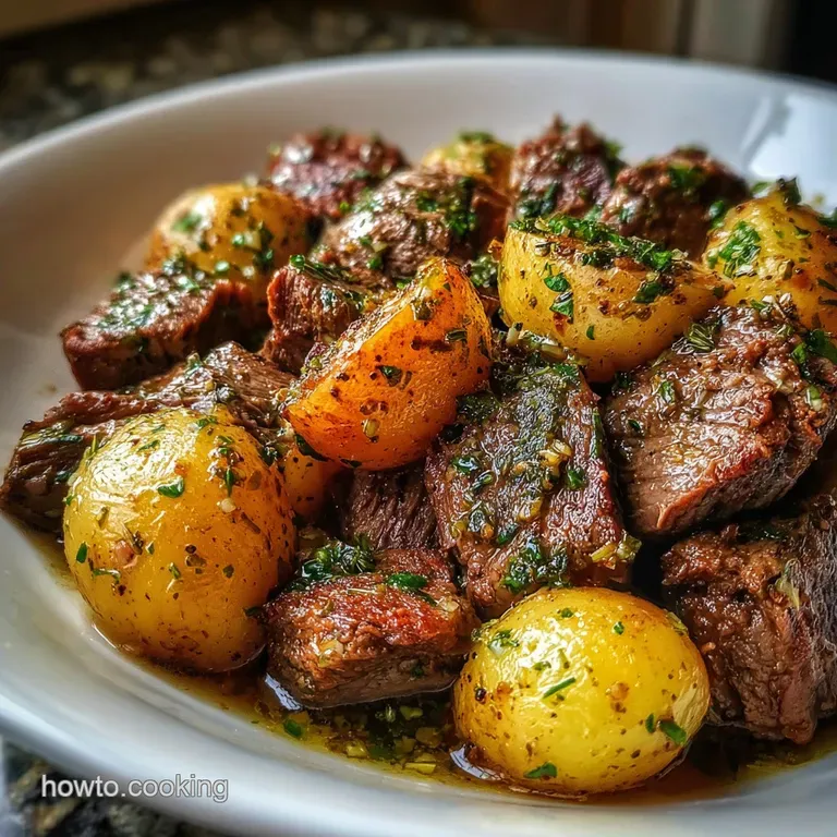 Elegant plate featuring tender beef chunks and soft potatoes, bathed in a deep brown sauce, garnished with vibrant parsley...