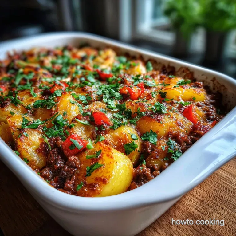 Plated ground beef and potatoes, glistening with gravy, accompanied by vibrant green parsley. Steaming to show heat.