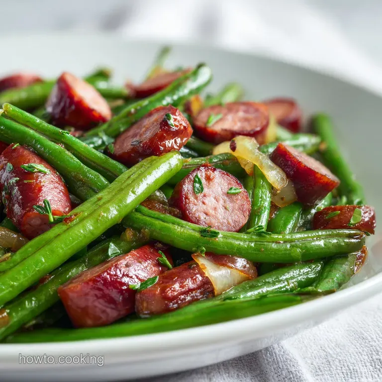 Plump kielbasa and bright green beans artfully arranged, glistening with savory juices.