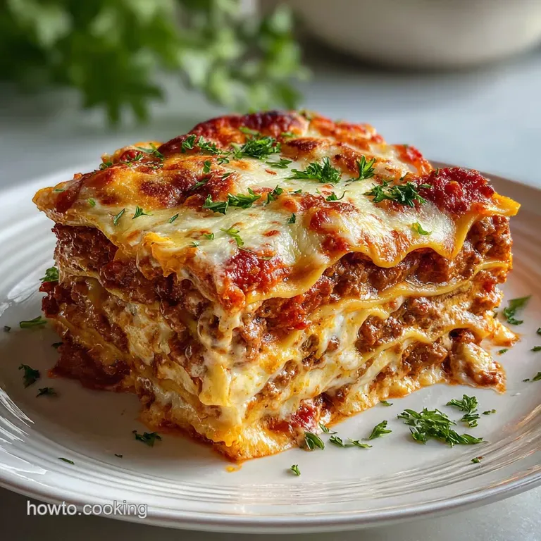 Slice of lasagna with golden-brown, bubbly cheese served on a white plate; hints of ricotta and herbs visible within layers.