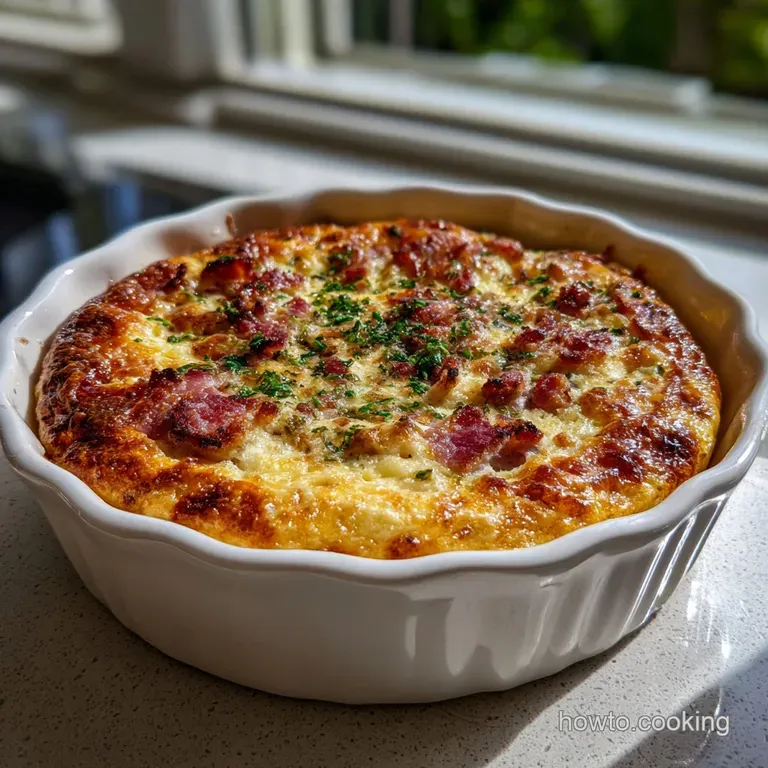 Creamy, golden custard quiche with bits of savory ham and cheese, artfully arranged on a white plate. Hints of brown from ...