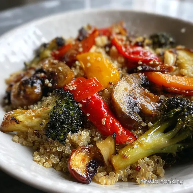 Plated quinoa and roasted vegetables, steam rising, showcasing a wholesome and appetizing dish.