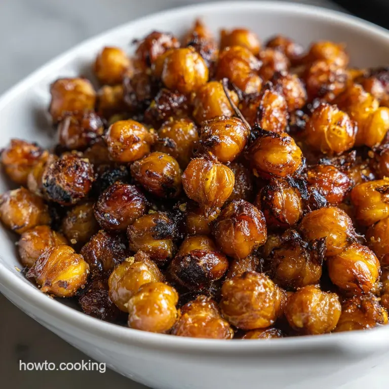 Pile of warm, shatter-crisp roasted chickpeas seasoned with herbs, displayed in a rustic wooden bowl.