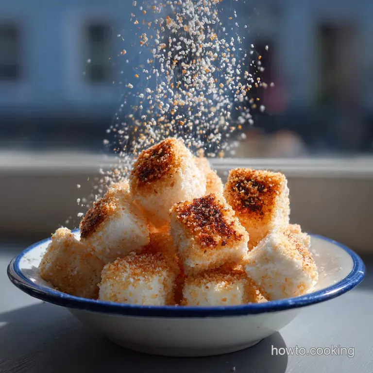 Stack of glistening fried marshmallows, skewered and drizzled with ribbons of dark chocolate against a dark, blurred backg...