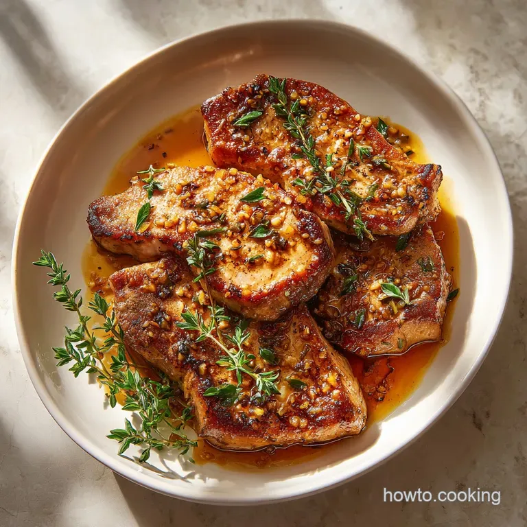 Plated pork chop, perfectly browned and slightly charred, with a glistening glaze and a sprinkle of fresh herbs.