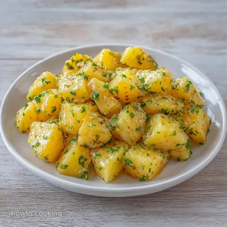 A neat scoop of creamy potato salad garnished with a fresh dill sprig on a minimalist matte grey ceramic plate.