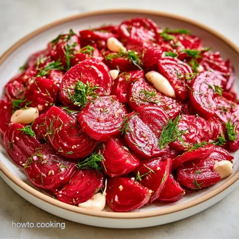 Sliced ruby-red root vegetables arranged on a white plate, garnished with fresh dill and a dollop of cream.