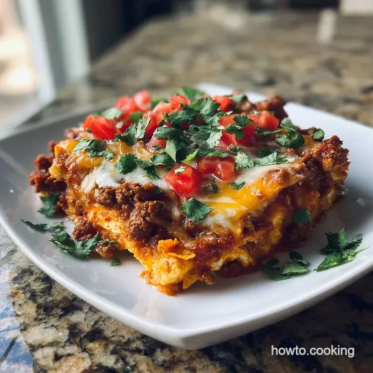 Slice of casserole showing layers of seasoned meat, crushed chips, and a creamy, cheesy top with a bright orange hue.