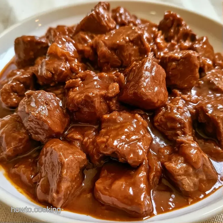 Slices of tender beef smothered in a dark savory sauce, served over creamy mashed potatoes with a fresh parsley garnish.