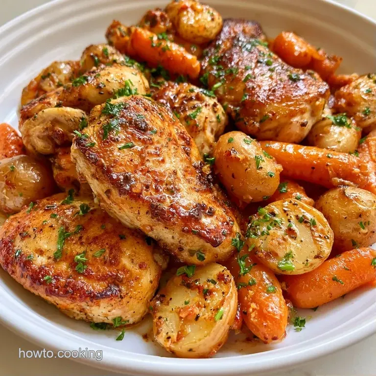 Seared chicken thighs and tender gold potatoes plated on a white ceramic dish with a sprig of fresh green rosemary.