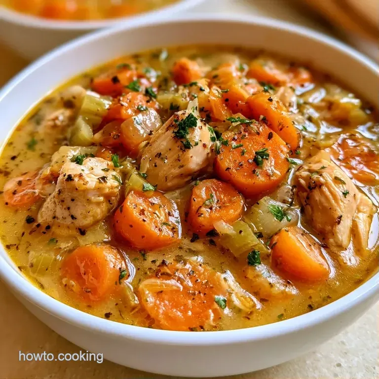 A steaming white ceramic bowl of golden soup garnished with fresh parsley, served with crusty toasted bread.