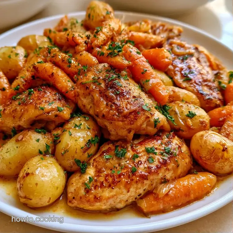 Perfectly browned chicken resting on tender roasted potato chunks with a drizzle of glossy jus on a white plate.