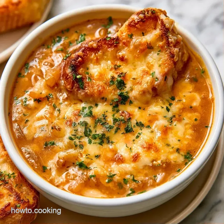 Dark mahogany broth in a white ceramic crock topped with melted, gooey cheese and a sprinkle of fresh thyme.