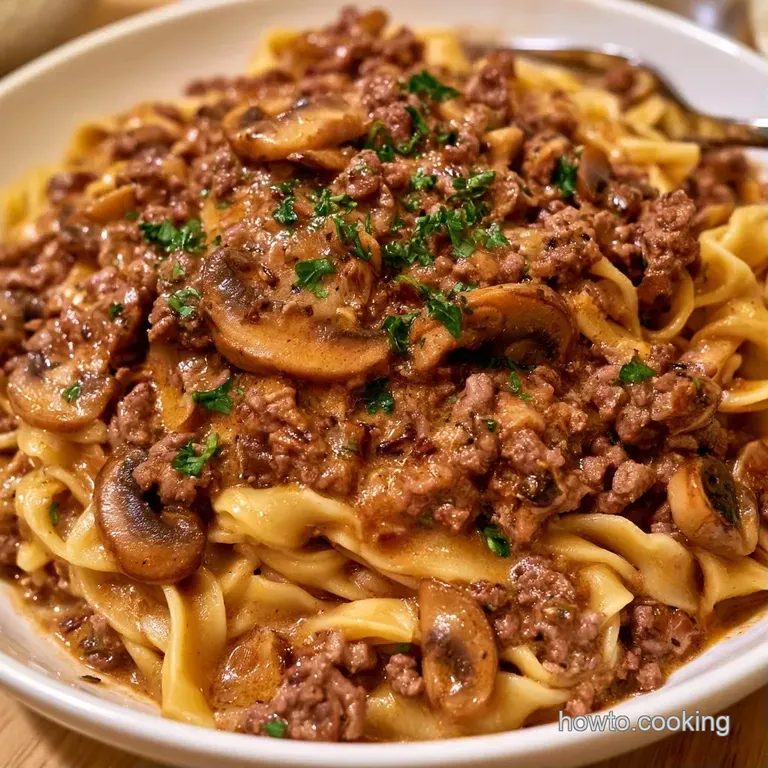 A swirl of creamy beef and mushrooms over curled noodles, topped with fresh parsley on a white ceramic plate