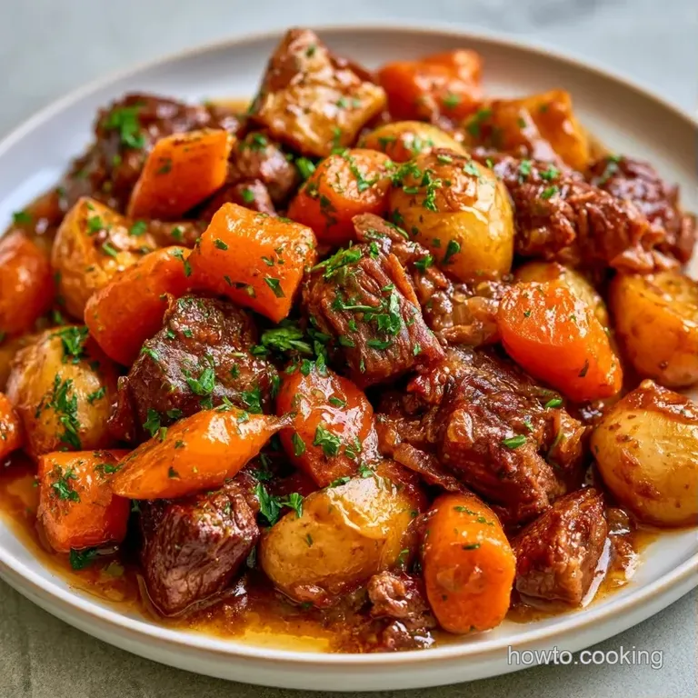Sliced tender beef served with vibrant orange carrots and buttery potatoes drizzled in a glossy, savory brown sauce.