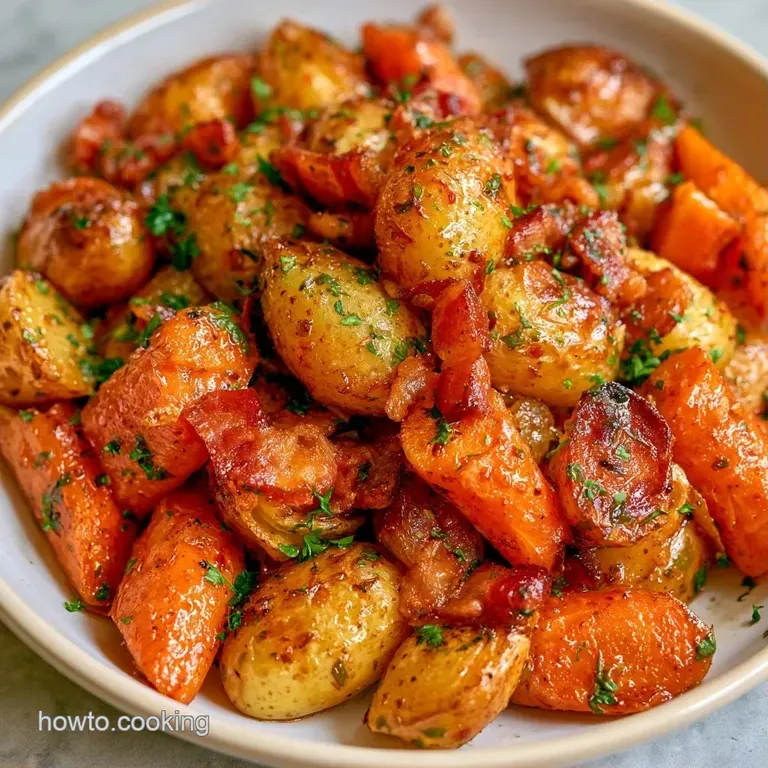 A neat pile of roasted potato cubes with glistening bacon bits and a sprig of fresh parsley on a white plate.