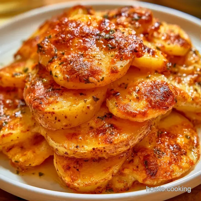 A neat square of layered potatoes topped with melted cheese and a sprinkle of fresh green parsley on a white plate.
