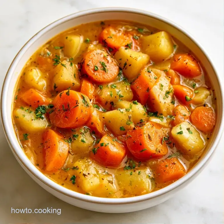 A white ceramic bowl of colorful vegetable stew topped with fresh parsley next to a slice of crusty sourdough bread.